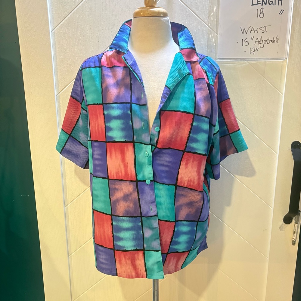 Vintage 90s Colorblock Geometric Abstract Button Down Short Sleeve Blouse Top‎ L - Picture 3 of 8